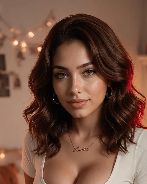 Amira Farahani لديها تموجات بنية بطول الكتف وترتدي قمة فاتحة اللون، وأقراط حلقية، وقلادة باسم. المصدر: OhChat.