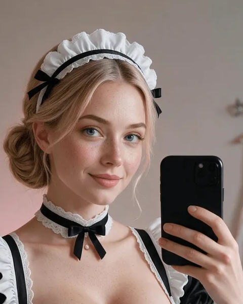 Cora Monroe ترتدي زيًا أبيض وأسود مع عصابة رأس مكشكشة وتحمل هاتفًا لصورة مرآة. المصدر: OhChat.