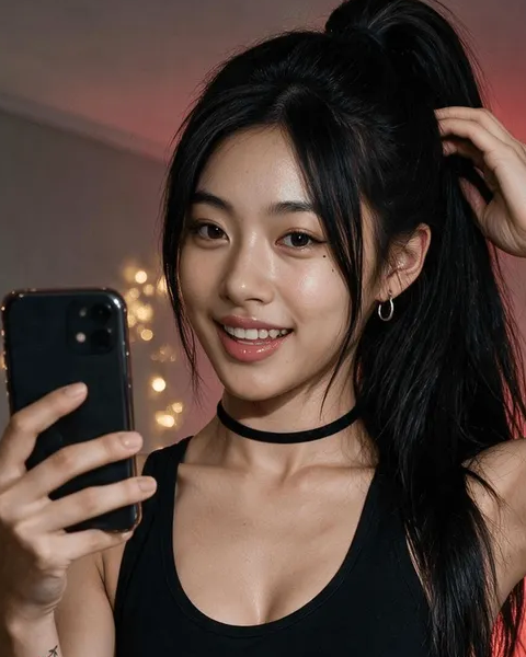 Nari Nakamura ترتدي قمة سوداء وطوقًا، مع ذيل حصان مرتفع وأقراط حلقية صغيرة. المصدر: OhChat.
