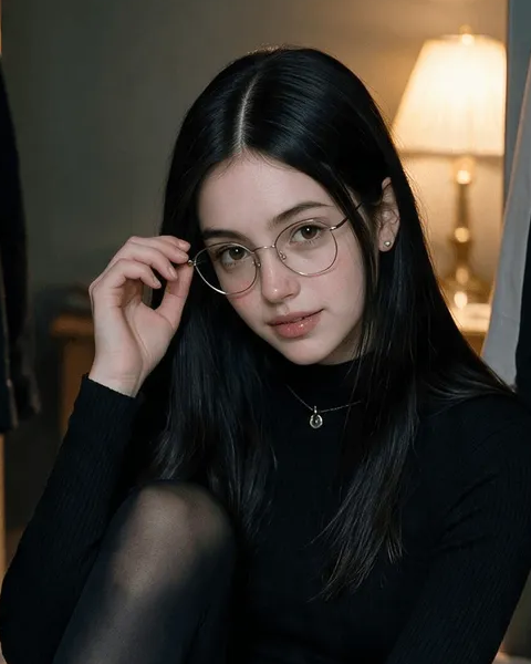 Piper Ellis ترتدي نظارات دائرية وقمة سوداء عالية الرقبة، مع شعر داكن أملس ومصباح خلفها. المصدر: OhChat.