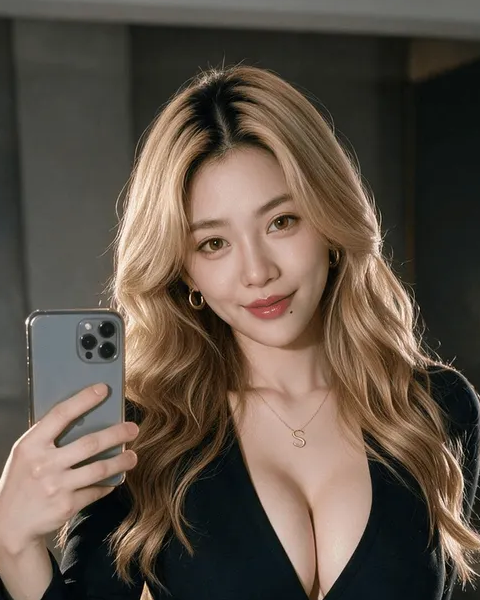 Suki Wang لديها تموجات أشقر طويلة وترتدي قمة سوداء بياقة V، وأقراط حلقية، وقلادة بحرف. المصدر: OhChat.